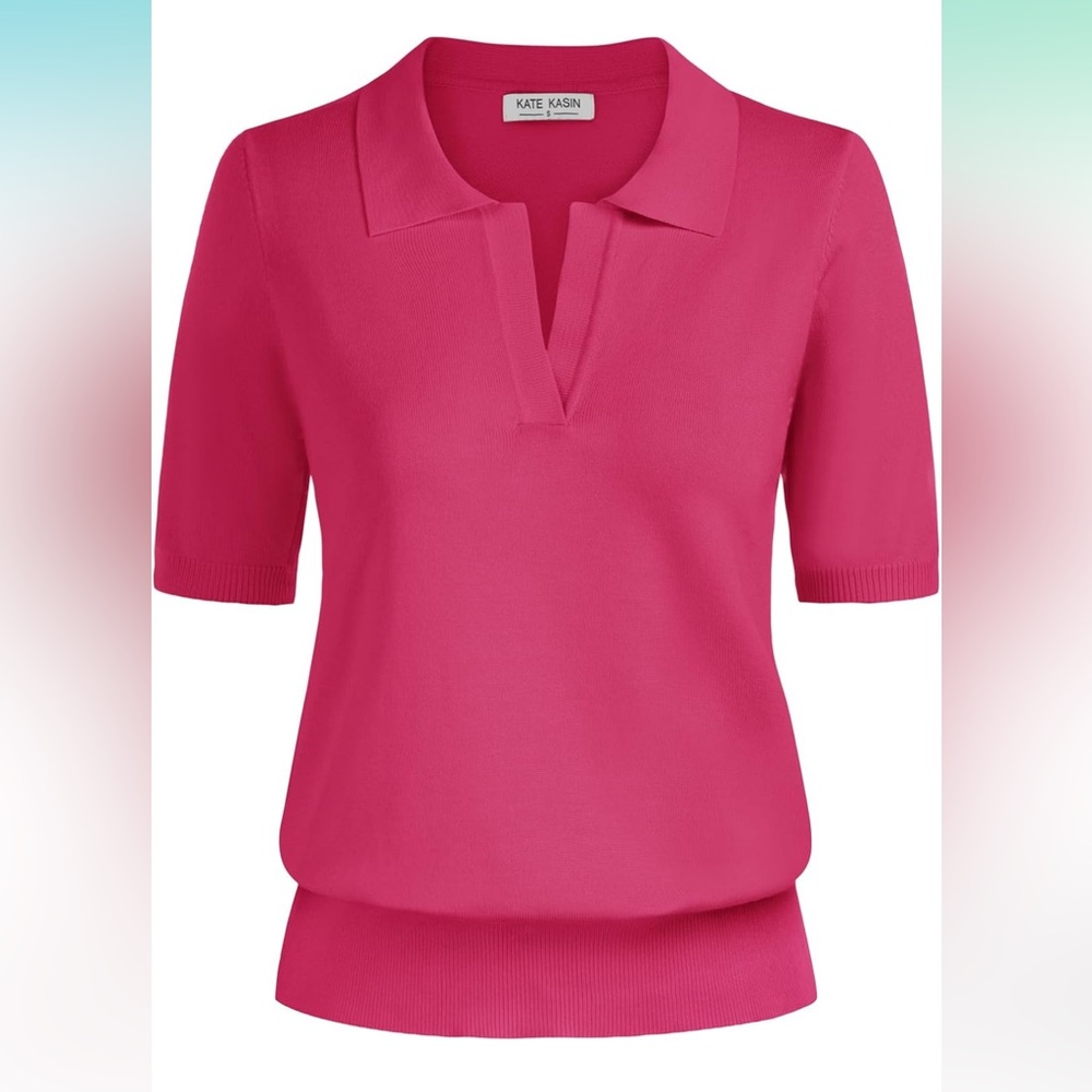 Pink Short Sleeve Polo Sweater V Neck